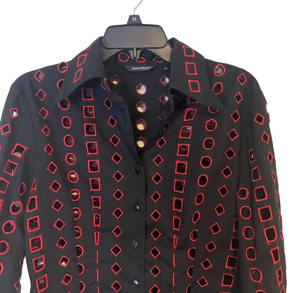Samuel Dong Button Up Shirt Womens Small Black Red Geometric Cutout - Picture 2 of 11